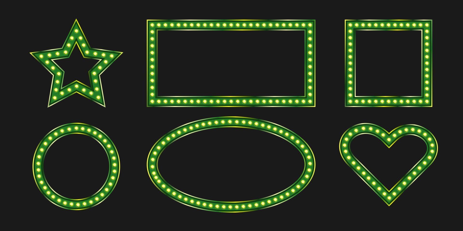 Green square and oval geometric frames with marquee bulb. Vintage shiny signboard with neon light. Warm led lit. vector