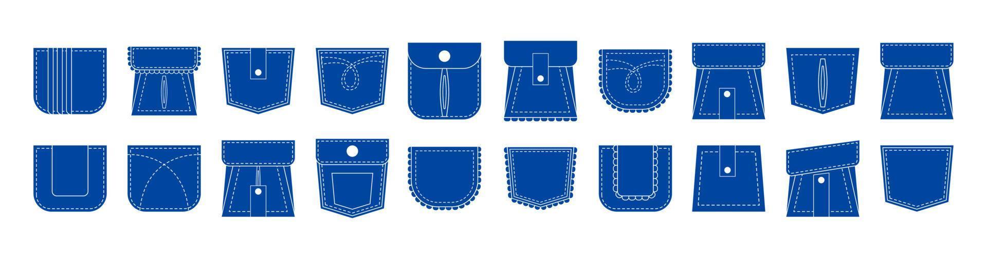 Set of blue flat patch pocket icon. White stitch symbol for tsirt, jeans, pants. Pleated sign with frill or ruffles. vector