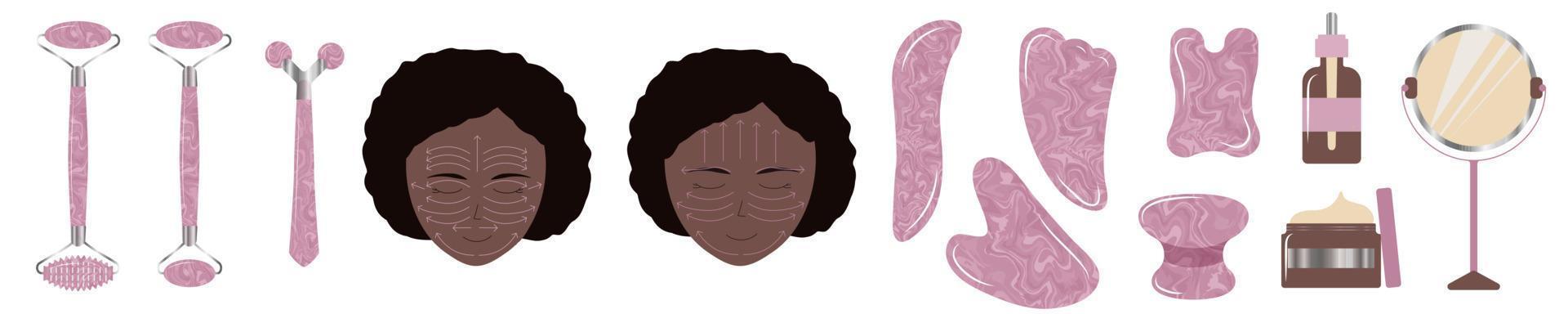 Instrucciones de masaje facial para joven negra. cuidado de la piel femenino con aceite, rodillo de jade y guasha de cuarzo rosa. tratamiento de piedras preciosas vector