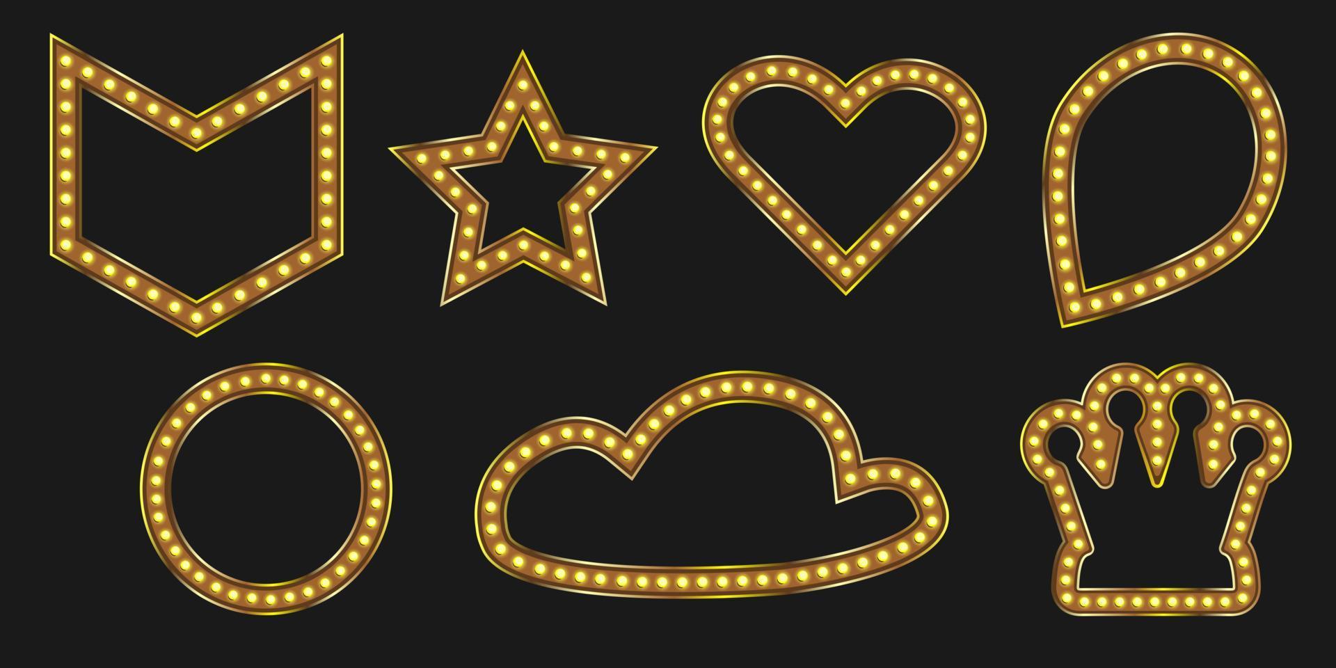 Gold crown marquee shiny badge. Black friday banner for luxury event design. Pin light with star and heart frame. vector