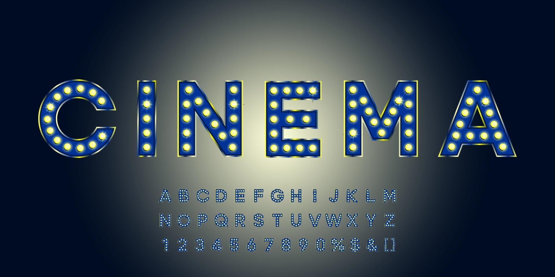 Blue shining marquee alphabet with numbers and warm light. Vintage illuminated letters for text logo or sale banner vector