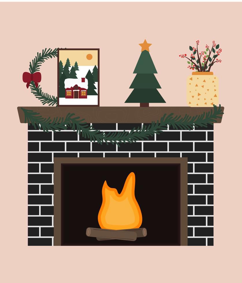 Dark fireplace decorated for Christmas. vector