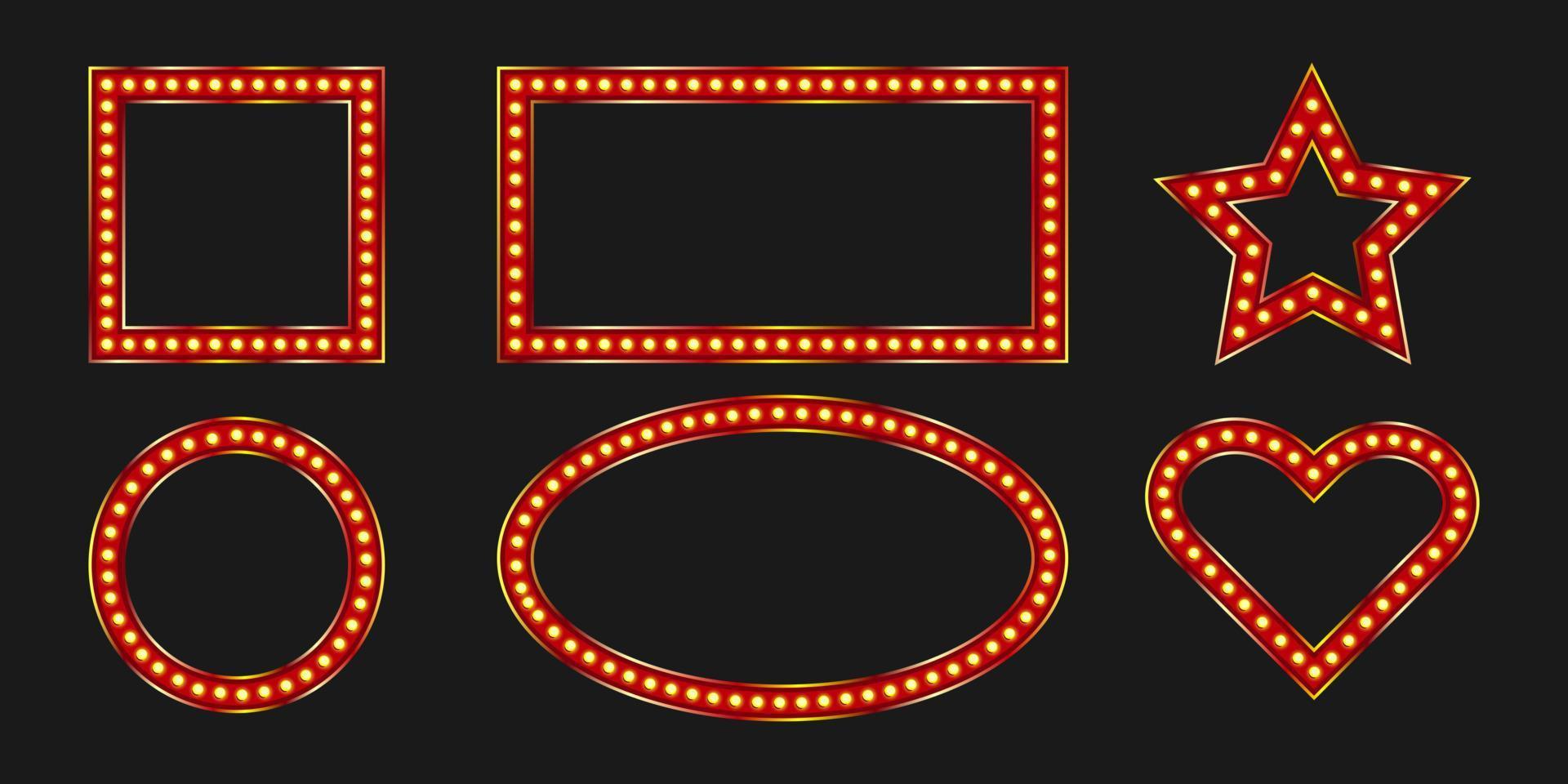 Square and oval frames with marquee bulb. Vintage shiny signboard with neon light. Warm led lit. vector