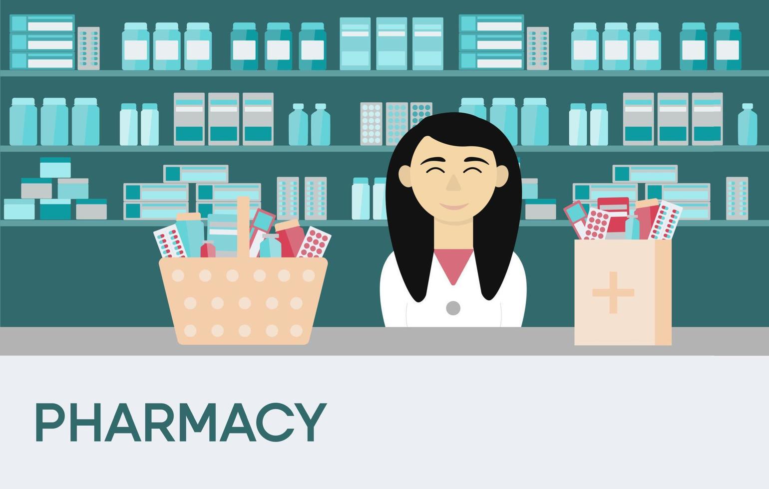 Asian woman pharmacist in drugstore or hospital with box medicament. Pharmacy showcase with antibiotics, pill, syrup, capsule on shelves. vector