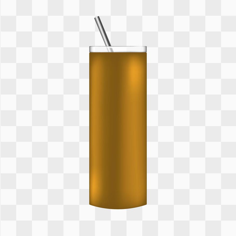 Gold 3d tumbler mockup template design. Silver takeaway coffee cup with steel straw for sublimation design. Isolated vector reusable mug.