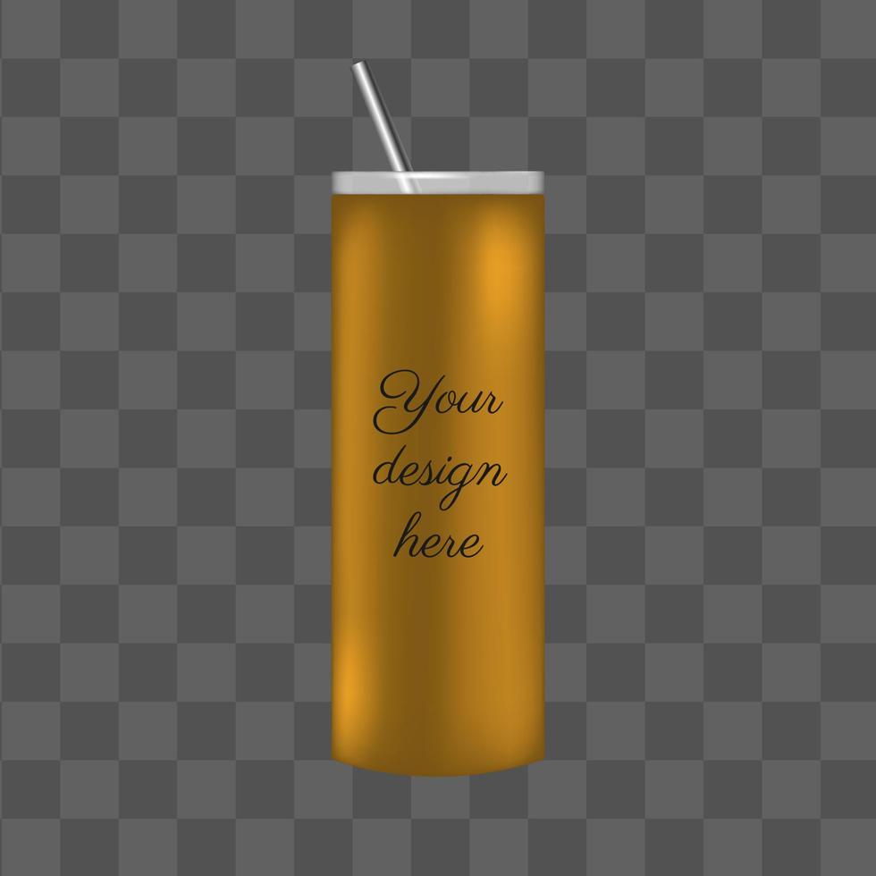 Gold 3d tumbler mockup template design. Silver takeaway coffee cup with steel straw for sublimation design. Isolated vector reusable mug.