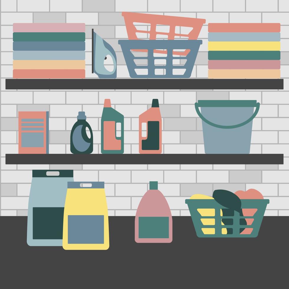 Storeroom organization for detergents, baskets, clothes on shelves vector