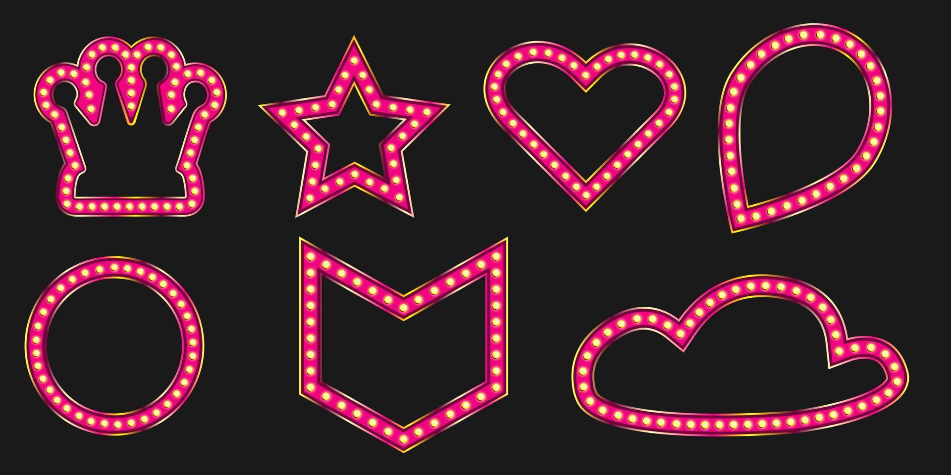 insignia brillante de la marquesina de la corona rosada. Banner de marcos de viernes negro para el diseño de eventos de lujo. Pin de luz con figuras de estrellas y corazones. vector