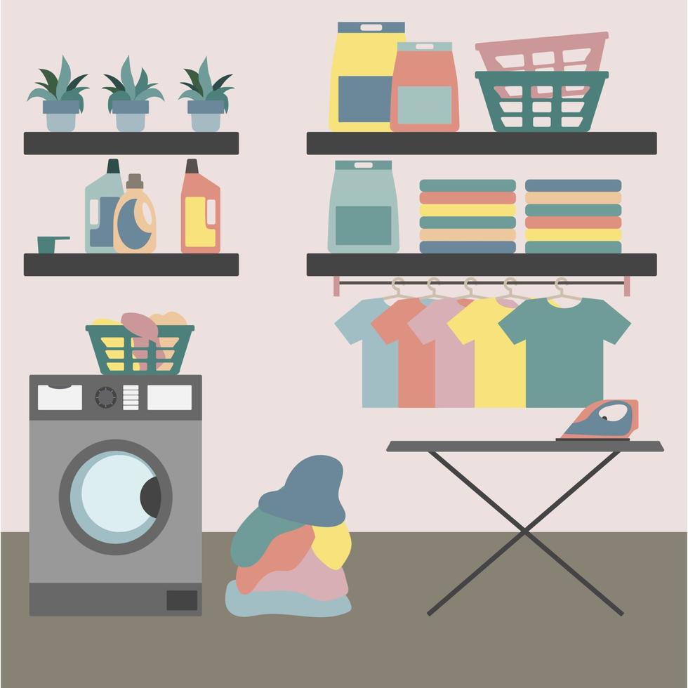 Small Laundry room interior with washing machine, baskets and detergents vector