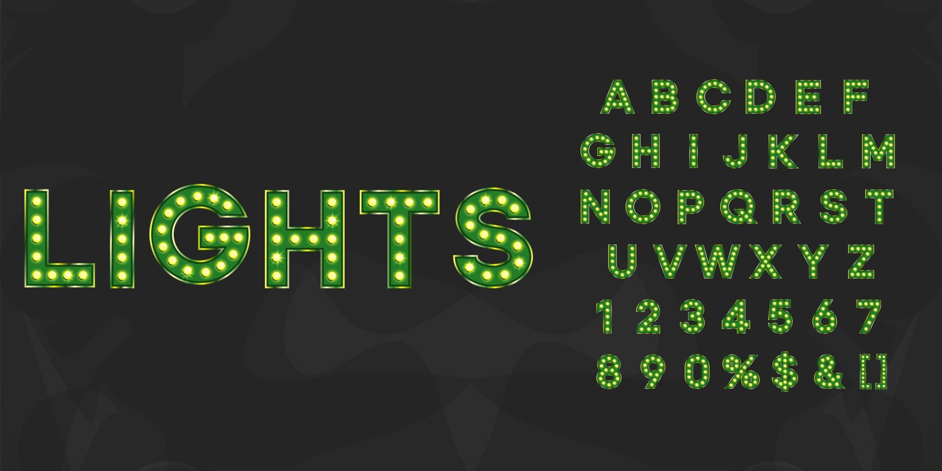 Green illuminated bulb text. Vintage bright typography for theater or showtime movie design signboard. vector