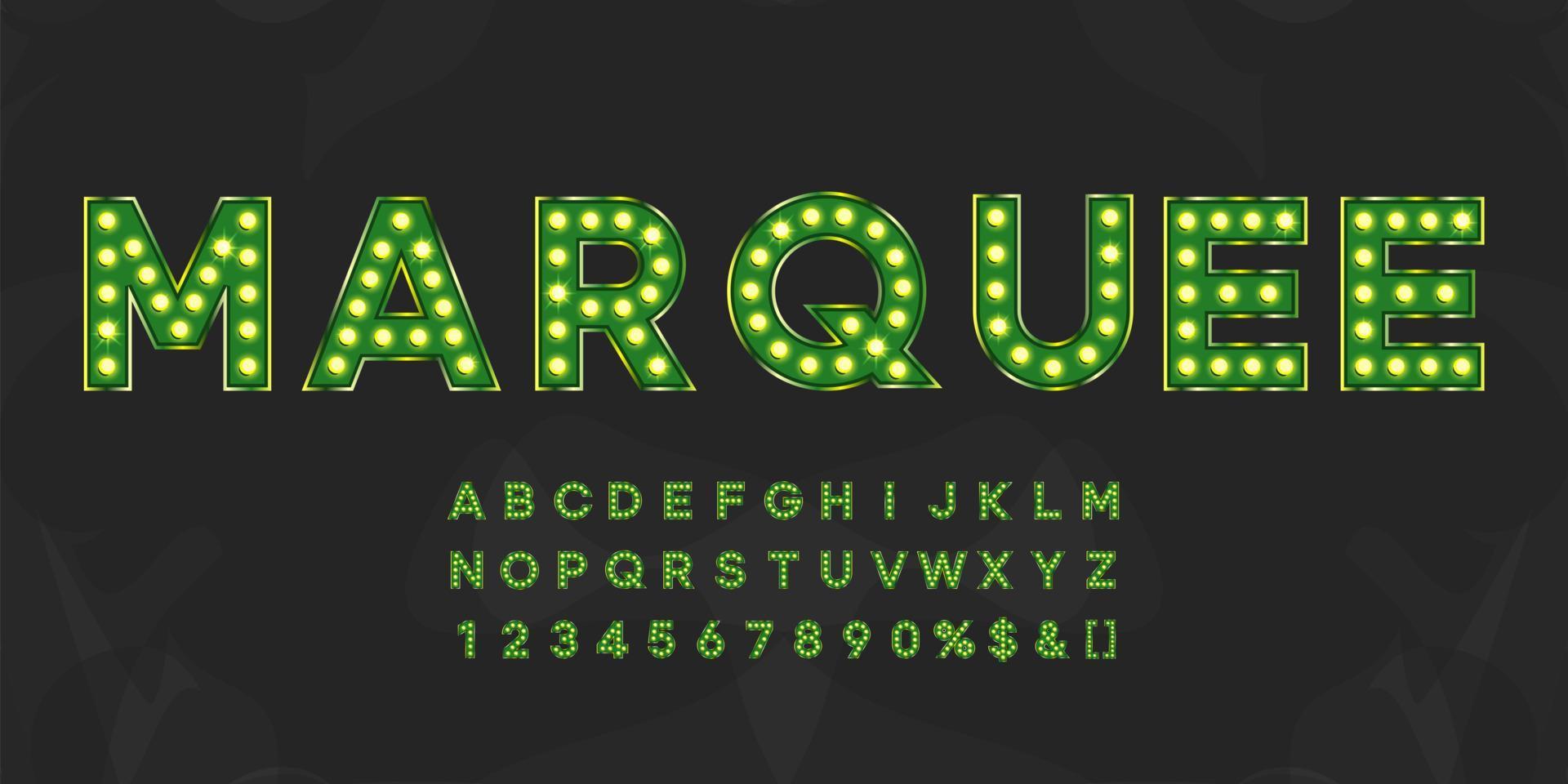 Green shining marquee alphabet with numbers and warm light. Vintage illuminated letters for text logo or sale banner vector