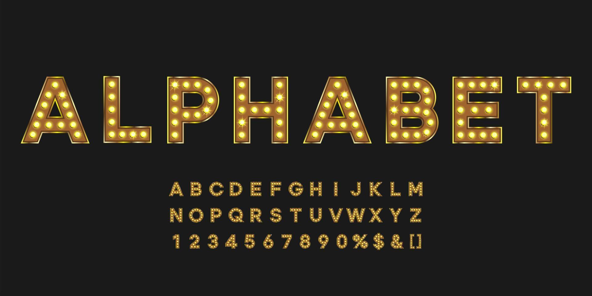 Gold shining marquee alphabet with numbers and warm light. Vintage illuminated letters for text logo or sale banner vector