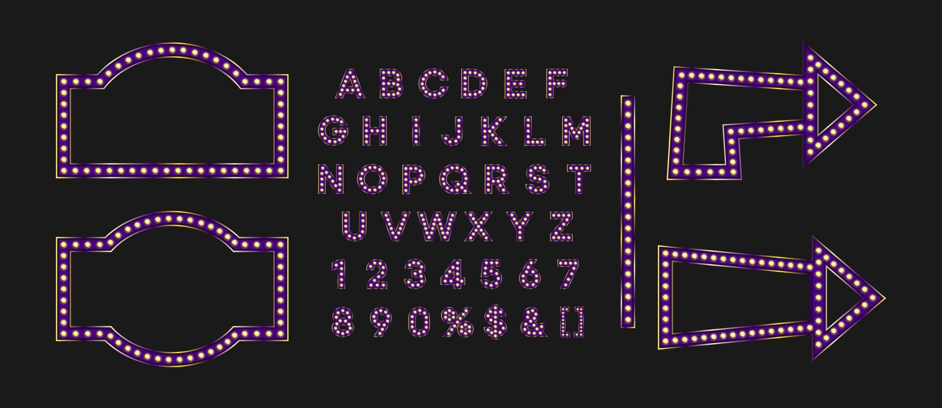 Shiny violet signboard and arrow for black friday sale banner. Purple marque alphabet for night club logo or event badge. vector