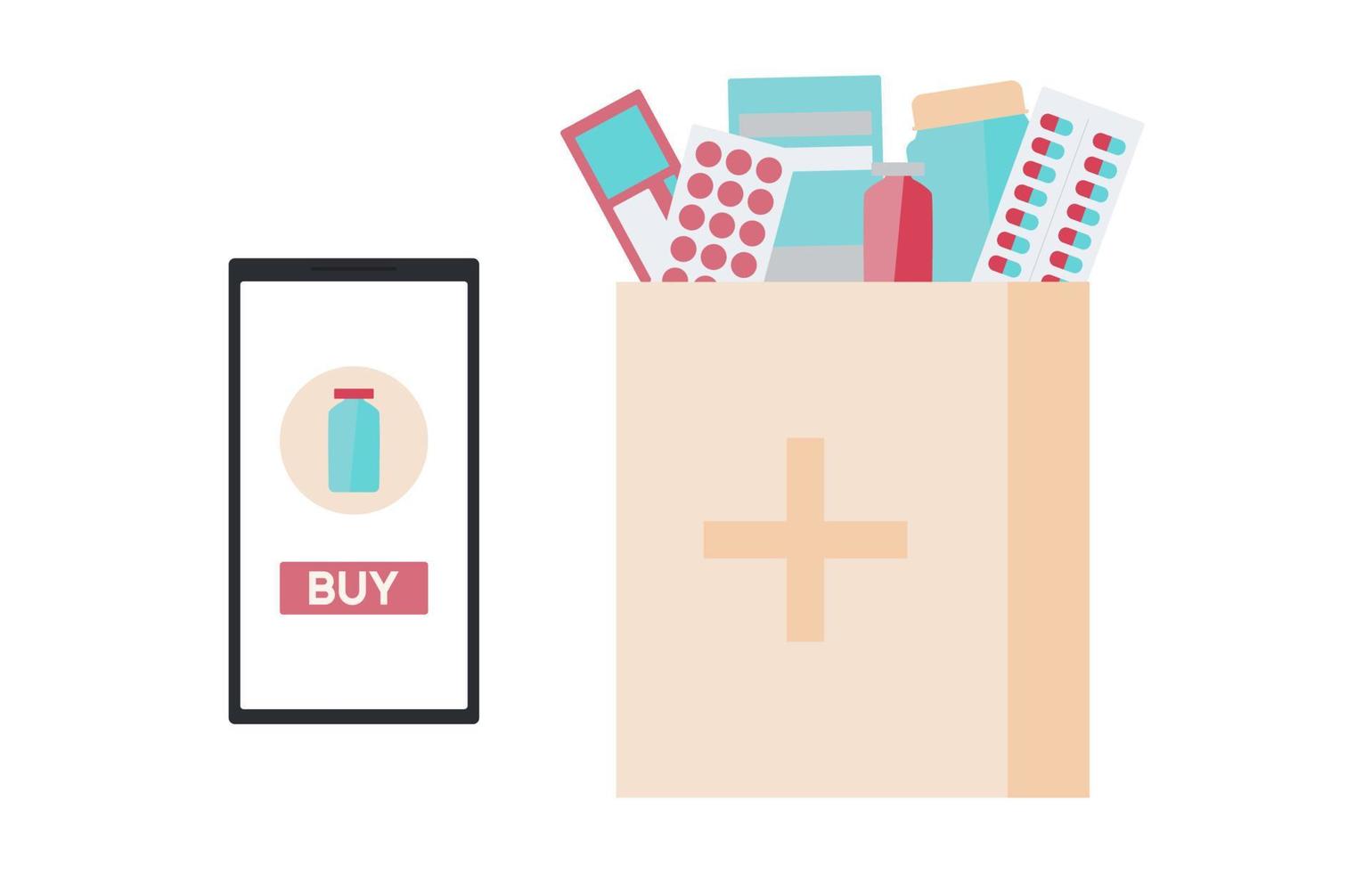 Pharmacy store online deliver to customer via phone. Pill or antibiotics to order using mobile. Medicaments in box packaging. vector