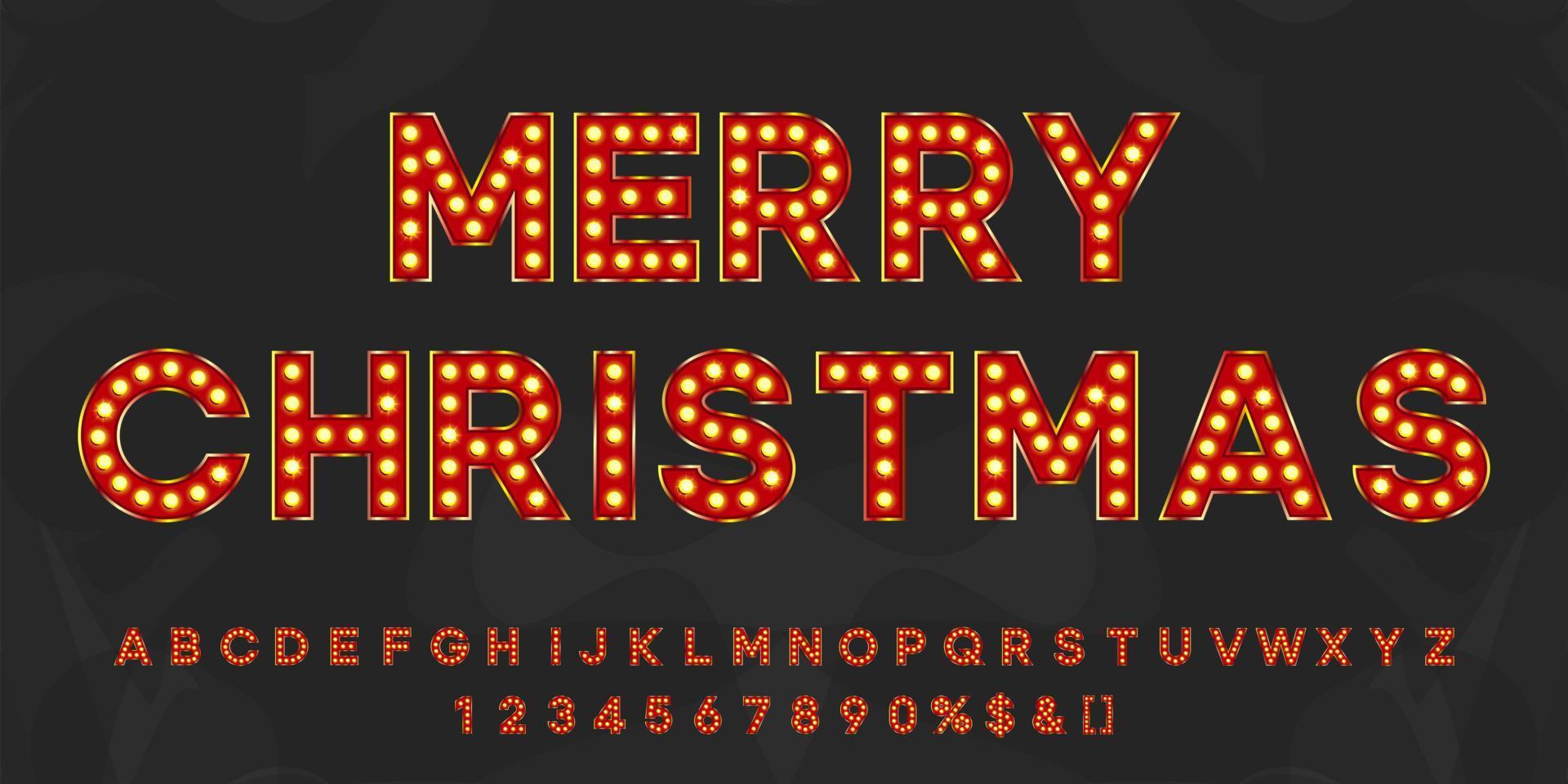 Merry Christmas 2021 vintage text with alphabet and numbers. Neon letters typeface for retro party or event signboard. vector