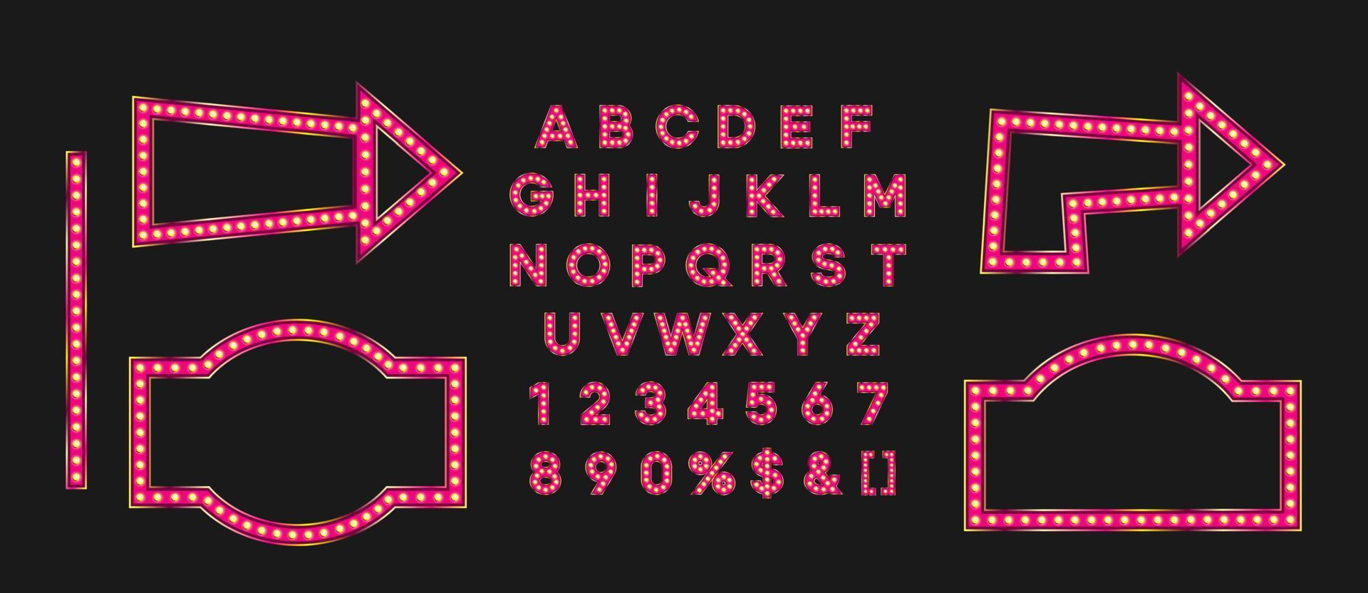 Shiny pink signboard and arrow for black friday sale banner. Marque alphabet for night club logo or event badge. vector