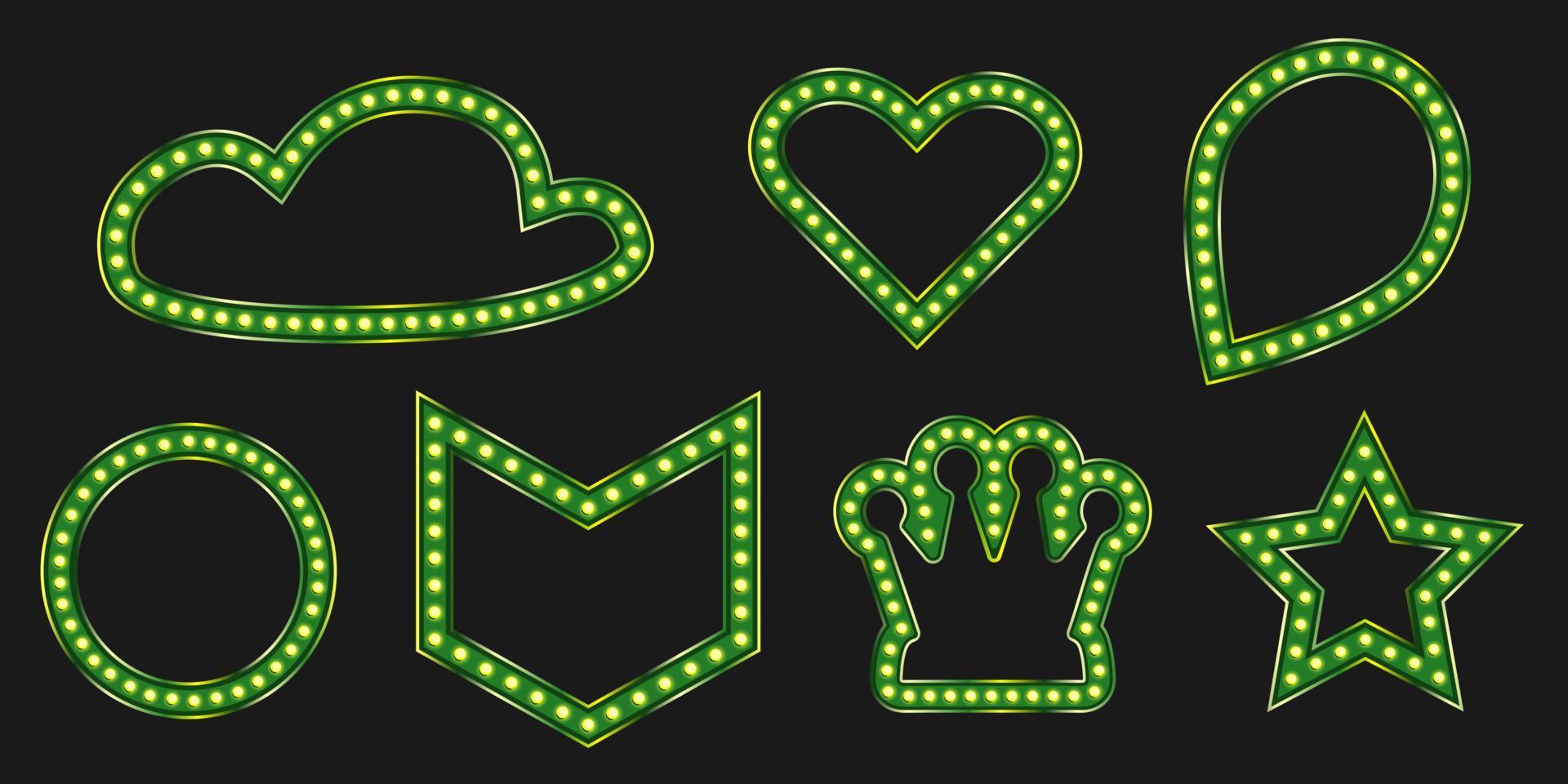 Green crown marquee shiny badge frames. Black friday sale banner for luxury event design. Pin light with star and heart signboard. vector