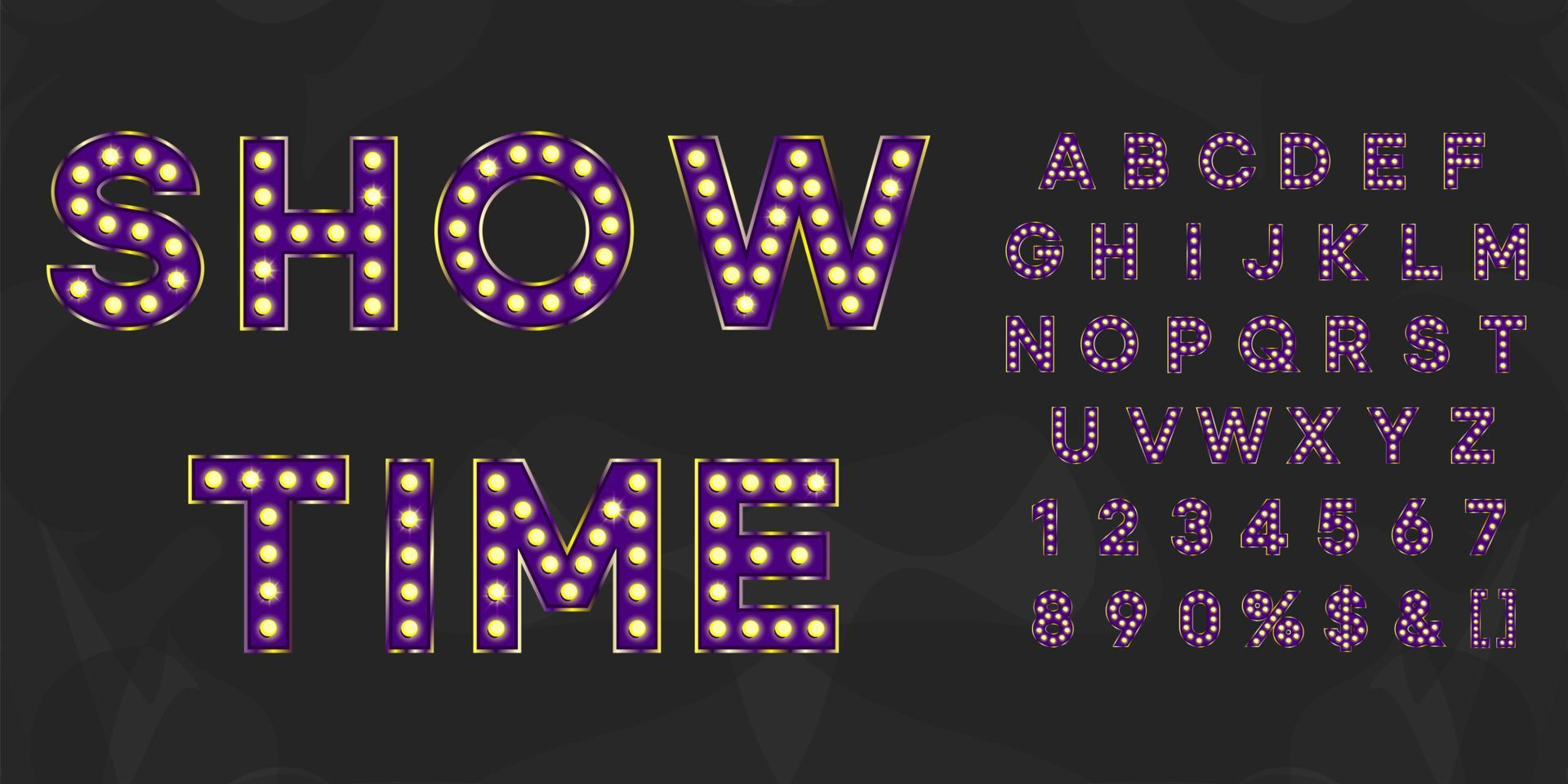 Violet show time shining marquee alphabet with numbers and warm light. Purple vintage illuminated letters for text logo or sale banner vector