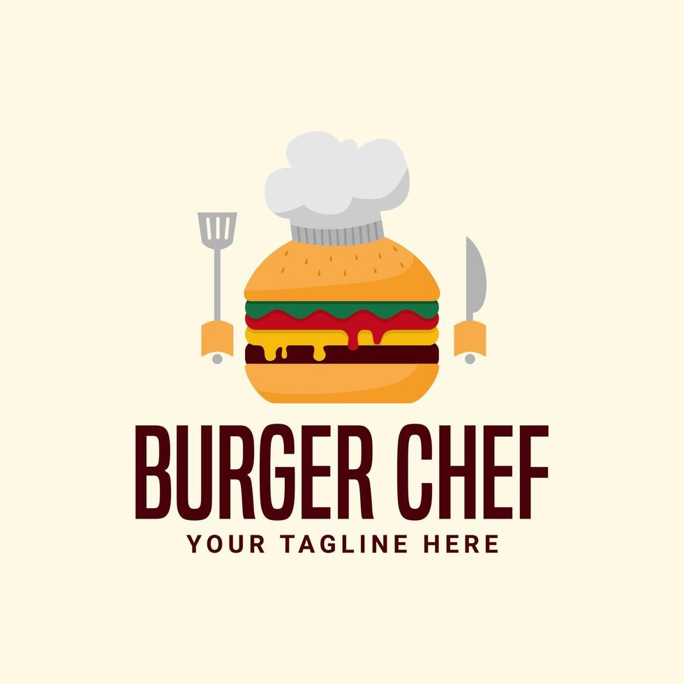 Unique Chef Burger Logo, Hamburger Vector Illustration With Chef Hat Combination, Hand Holding Spatula and Knife