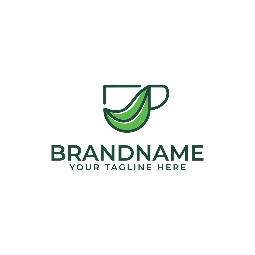 Icono de té con taza y combinación de hojas naturales concepto de diseño de logotipo vector