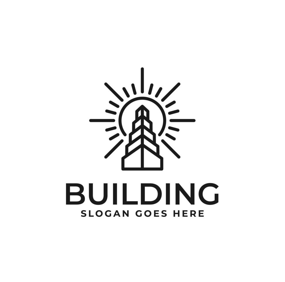 diseño de logotipo de edificio con luz solar de estilo de arte lineal vector