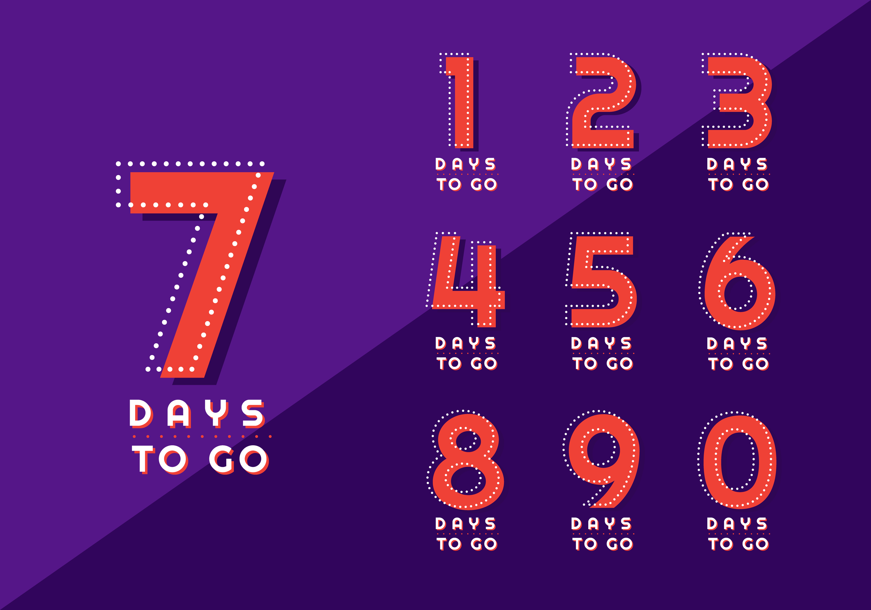 Flashing stickers numbers of days to go. Perfect for announcements and