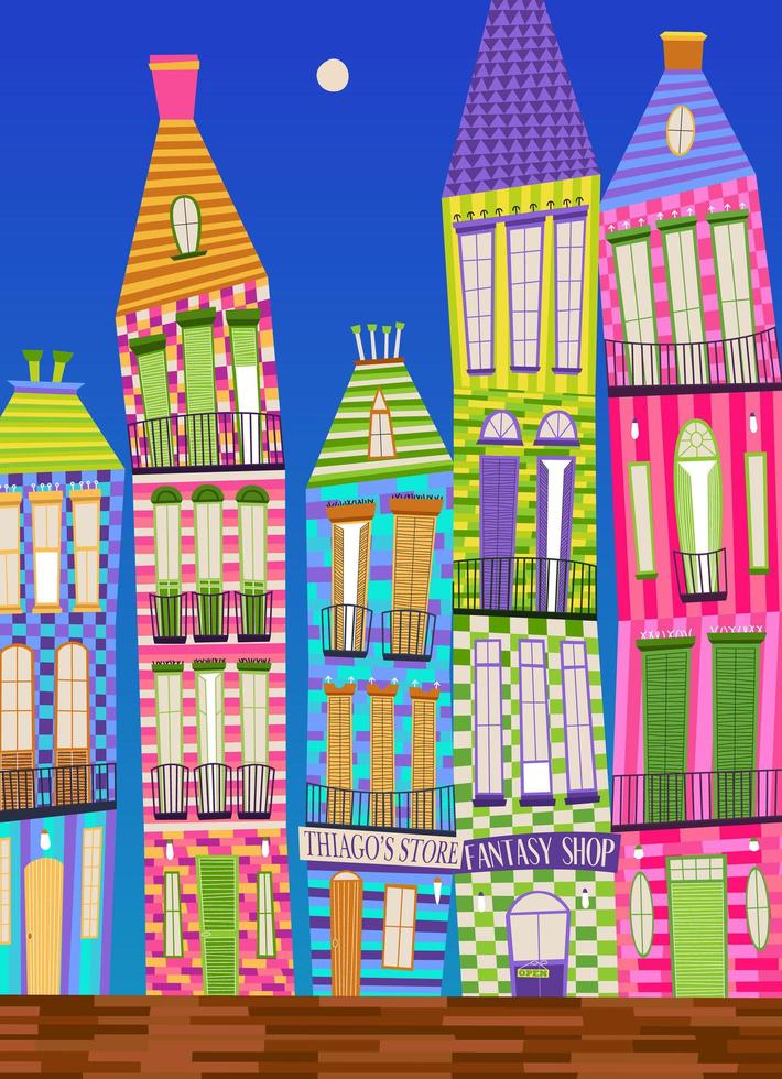 Colorful fantastic tall houses. Hand-drawn illustration with vibrant colors. vector