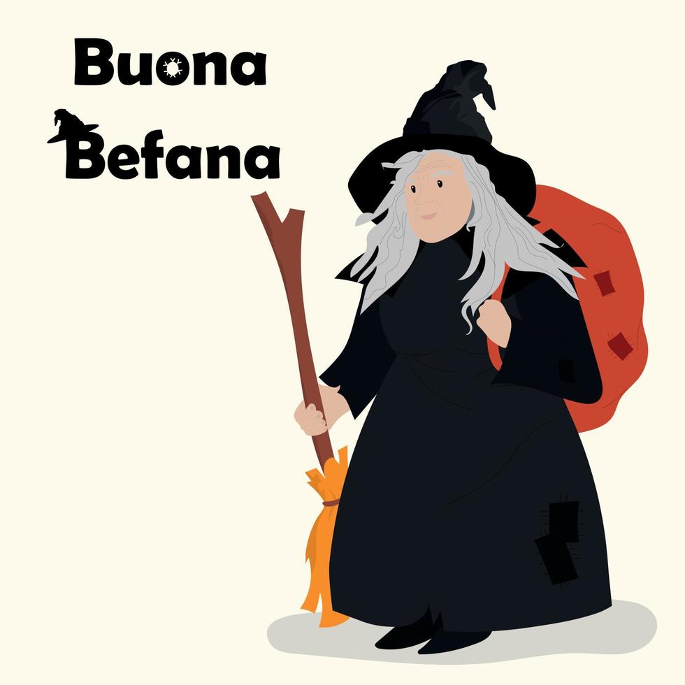 Witch with a broom in her hand and a bag of gifts. vector