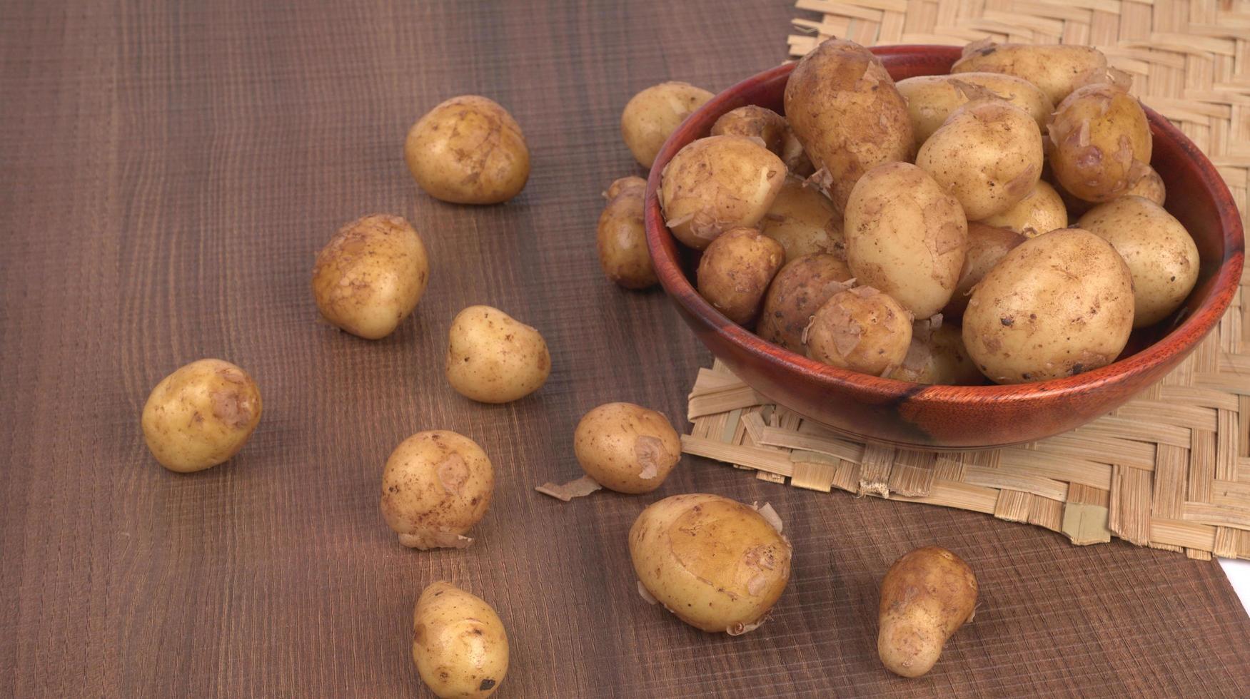 Fresh small potatoes for cooking in a wooden bowl. With copy space  on white background. photo