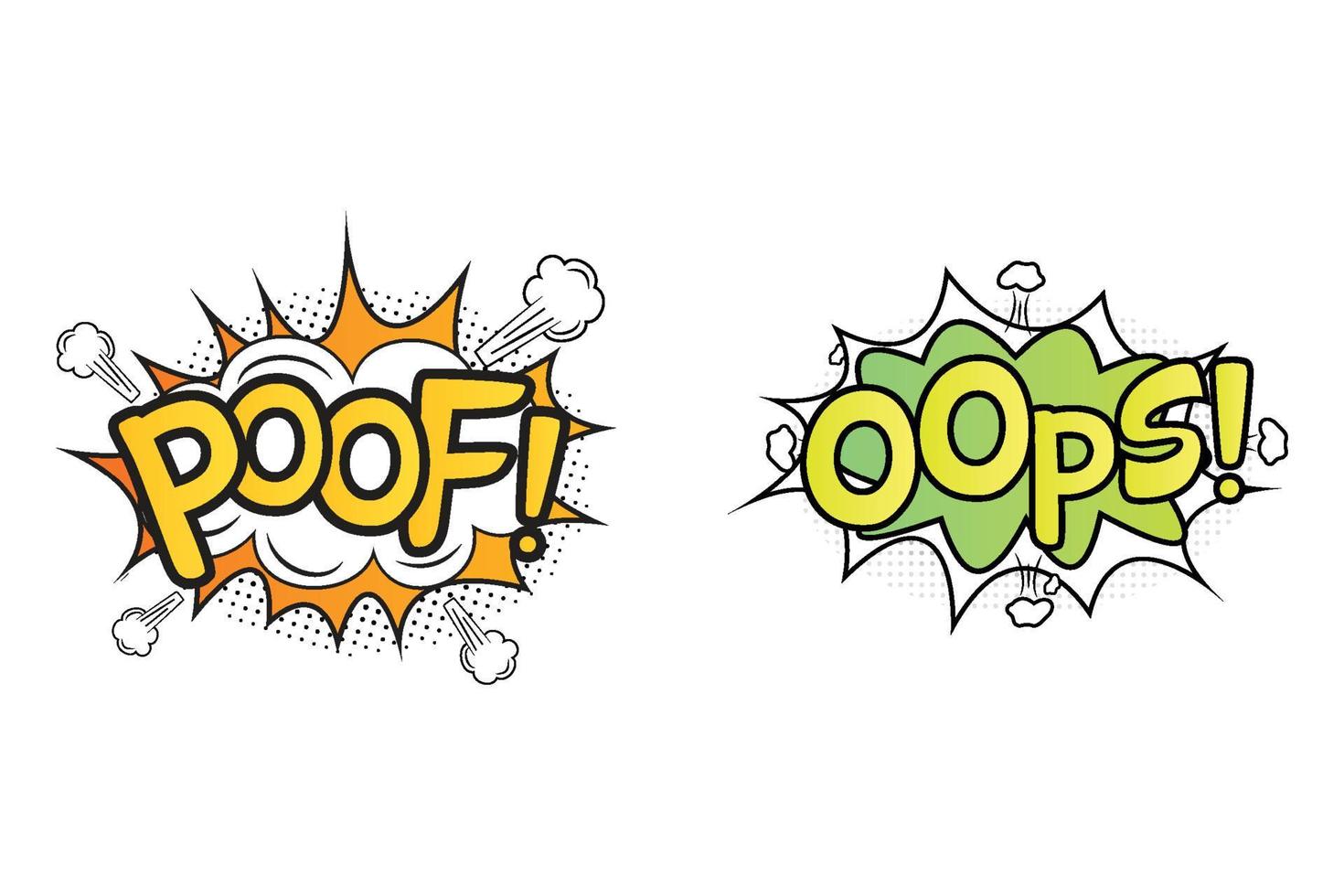 Poof comic explosion with white and yellow color. Oops, comic pop-up with light green, yellow, and white color. Comic burst with colorful Oops and Poof. Poof explosion bubbles for cartoon speeches. vector