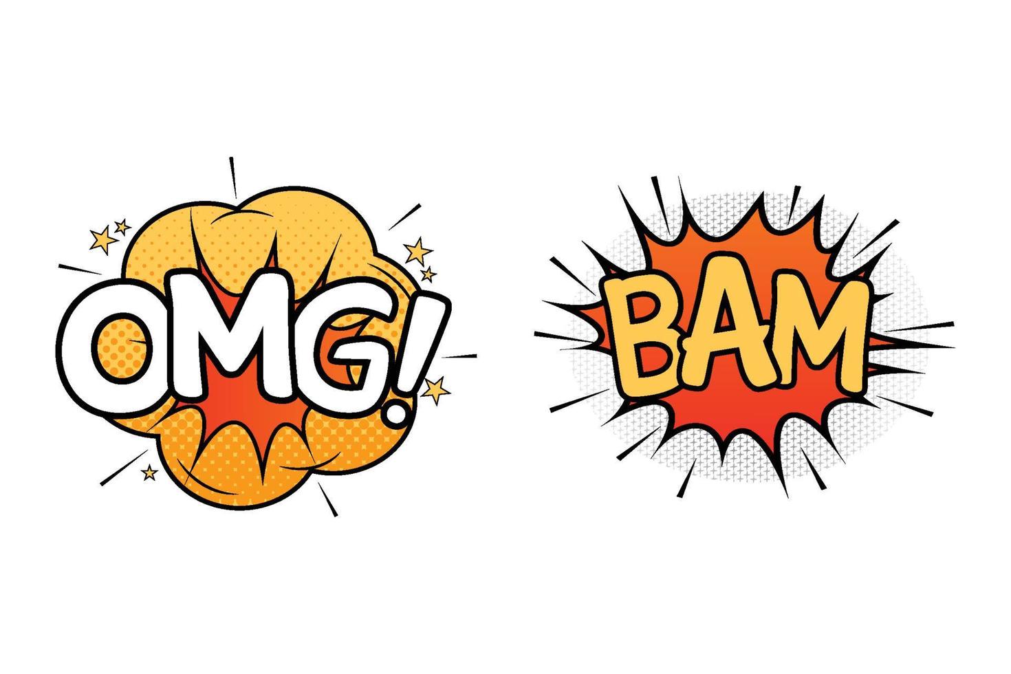 Bam comic explosion with yellow and red color. OMG comic blast with orange, yellow, and white colors. Comic burst explosion with stars. Bam explosion bubbles for cartoon speeches. OMG cloud bubble. vector