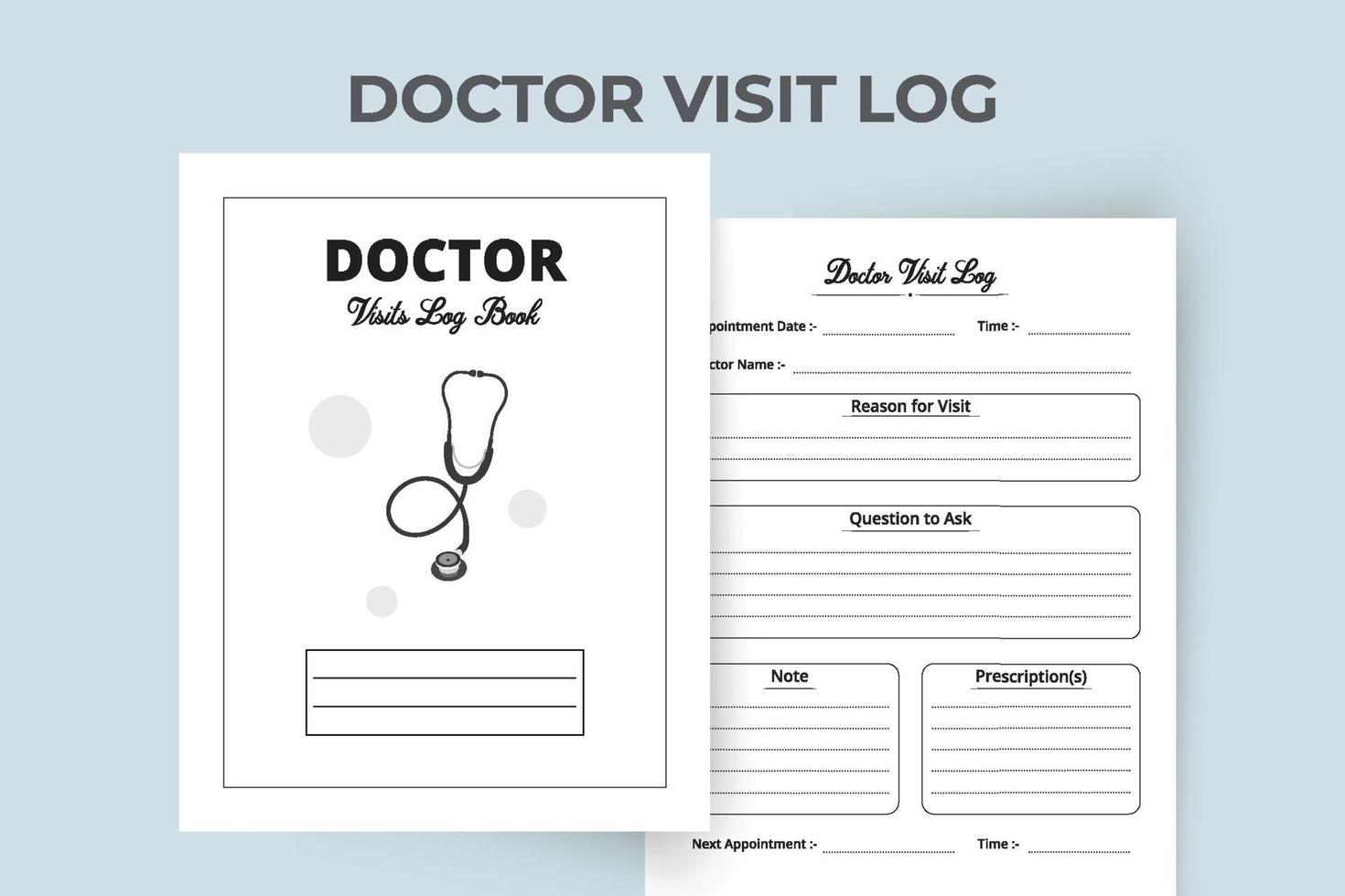 Stethoscope vector. KDP ready logbook. Medical notebook. Health Care Log Book and medical Tracker. Doctor visiting logbook KDP interior. Medical Visit Log Book. vector