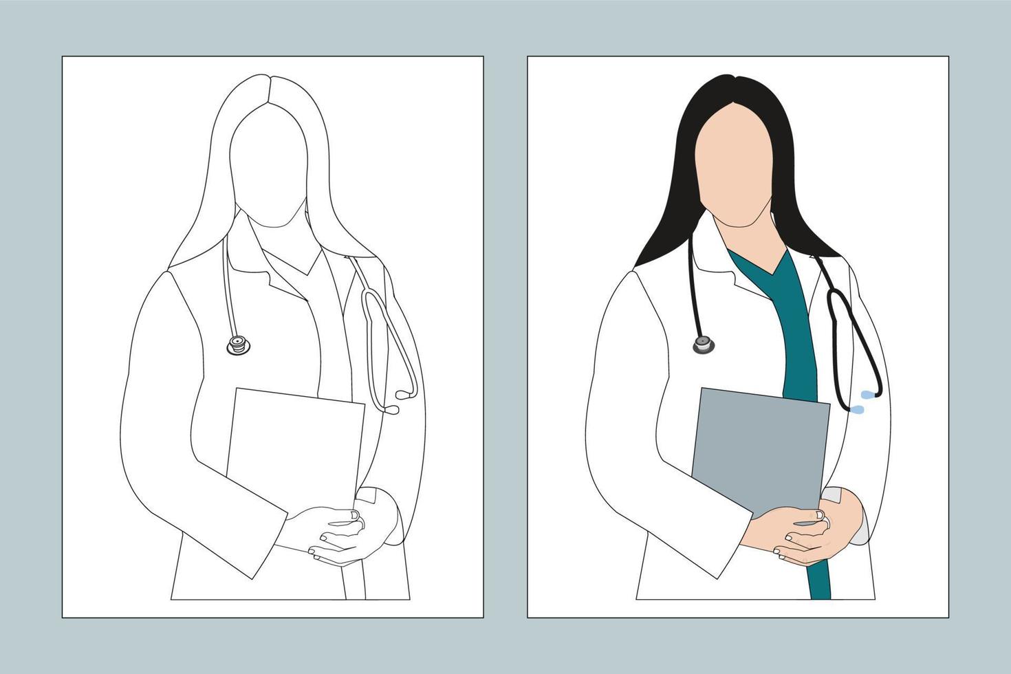 Female doctor coloring page. Doctor coloring page line art. Female nurse line art. Medical doctor line art vector. Stethoscope vector. Coloring page SVG cut file. Woman doctor flat design. vector