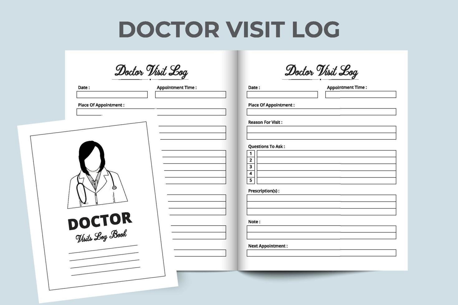 KDP interior medical logbook. Doctor visiting logbook KDP interior. Female doctor line art vector. Medical Visit Log Book. Health Care Log Book and medical Tracker. Medical notebook. vector
