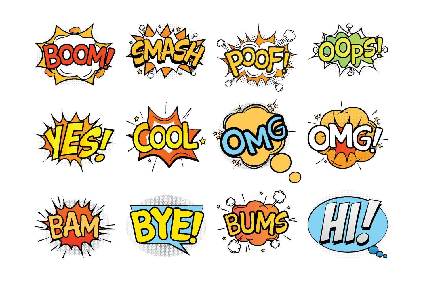 Comic explosion set. Speech bubbles set with colorful cloud vector. Comic book bubbles set. Cartoon explosions collection, funny comic speech clouds. Comic burst text bubbles collection. vector