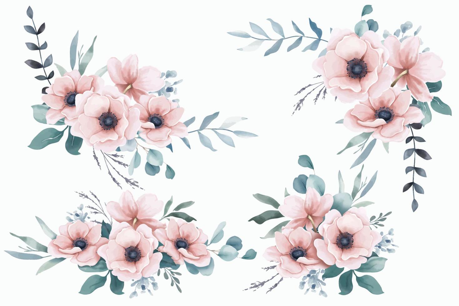 Watercolor peach anemones flowers bouquets vector