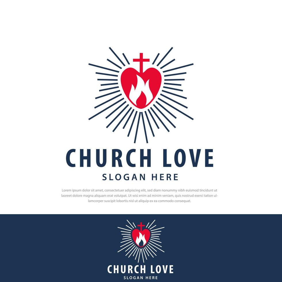 Cross church love heart ray logo design, abstract religious holy fire, love heart logo, Christian churches and organizations vector