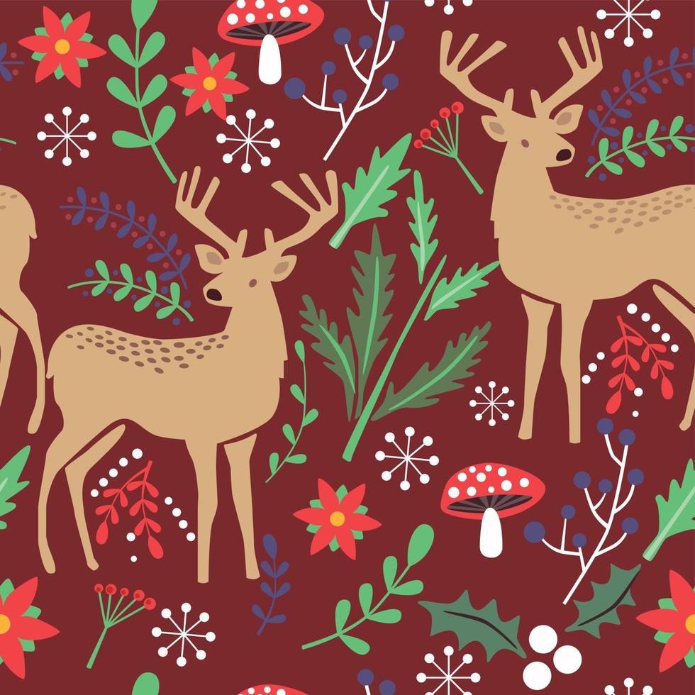 Christmas seamless pattern with deer mushroom leaves flowers snow vector