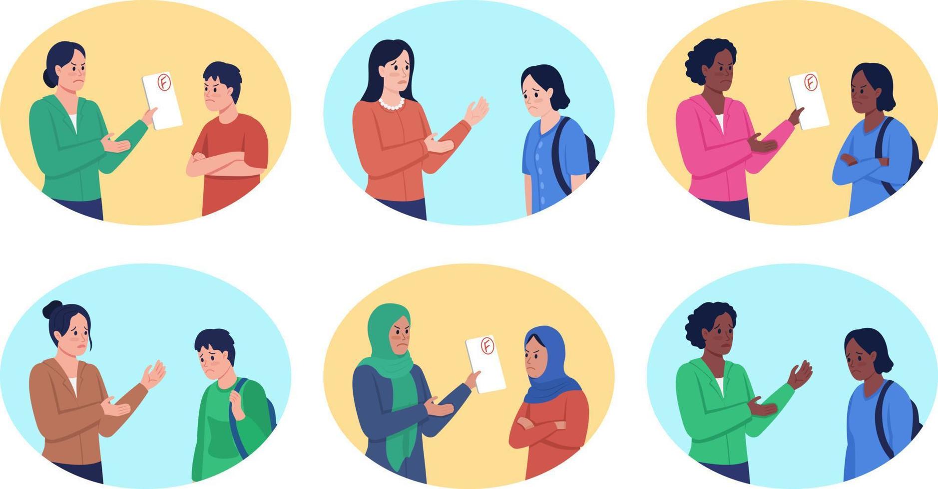 Talking about poor grades with mom 2D vector isolated illustration set