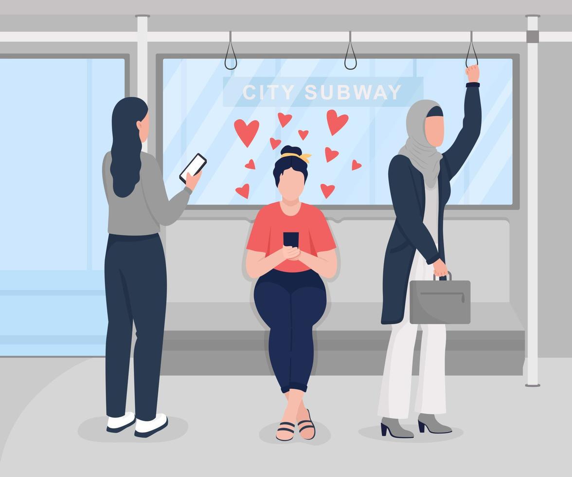 Spending time in public transport with dating app flat color vector illustration