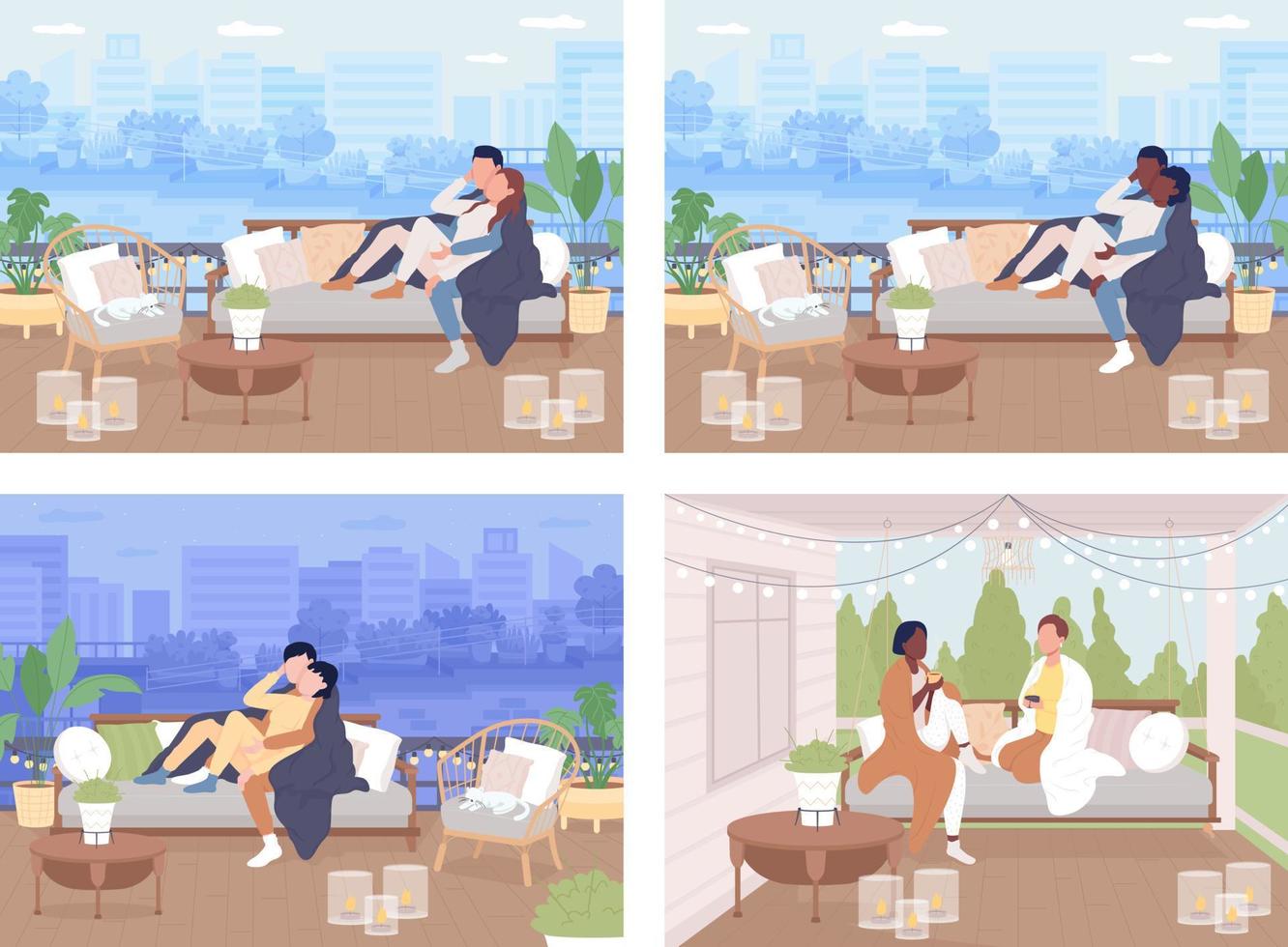 Couple relax outdoor flat color vector illustration set