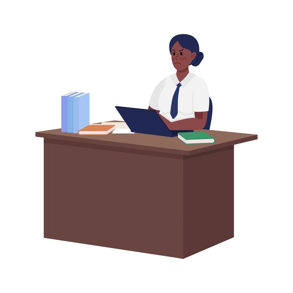 Annoyed secretary sitting at table semi flat color vector character