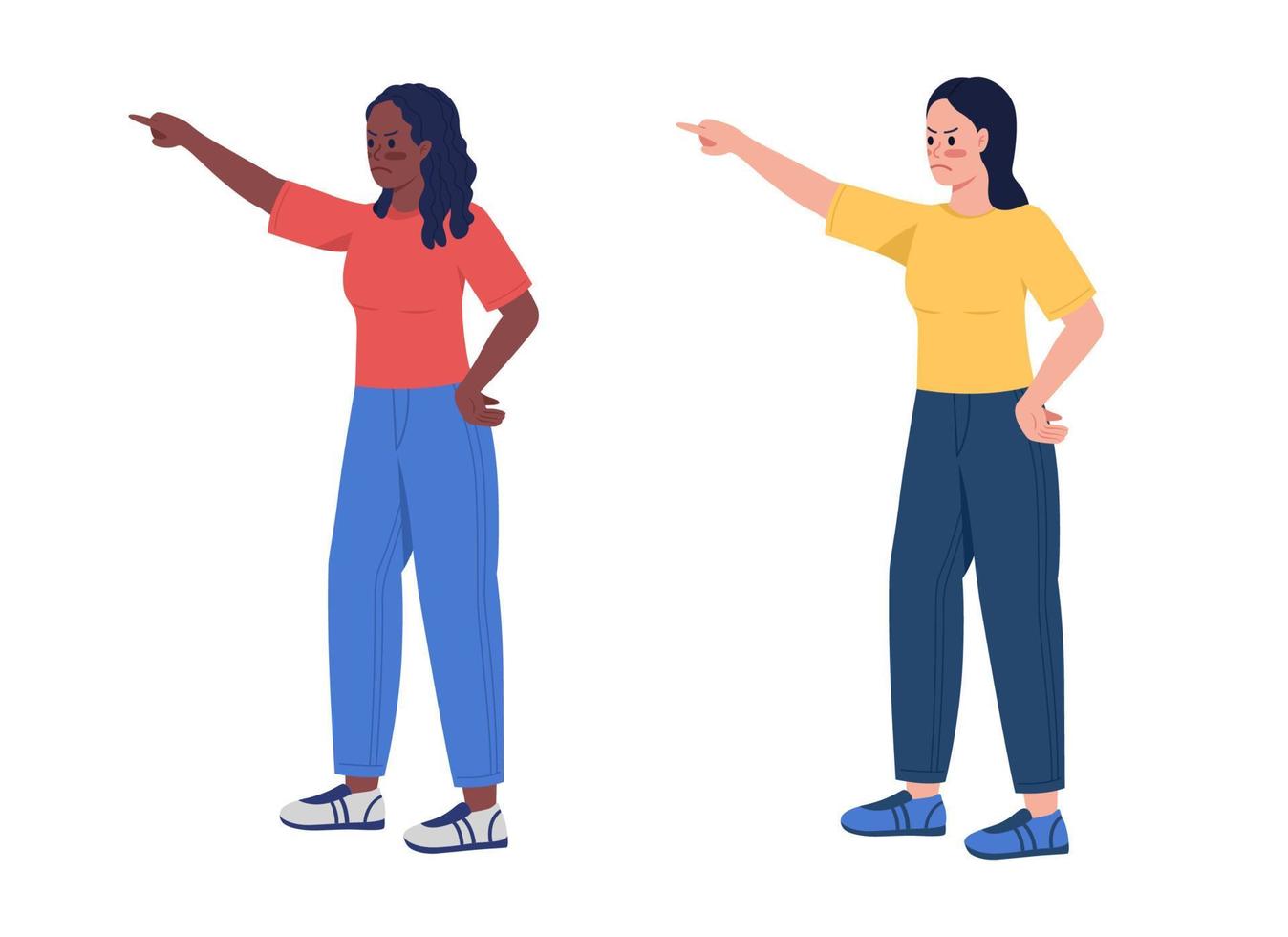 Angry women pointing with fingers semi flat color vector characters set