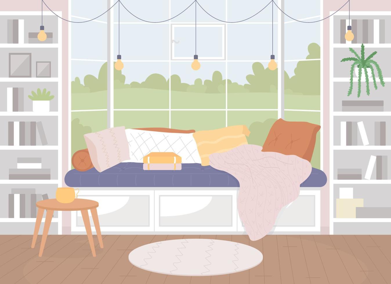 Ilustración de vector de color plano de sala de estar acogedora