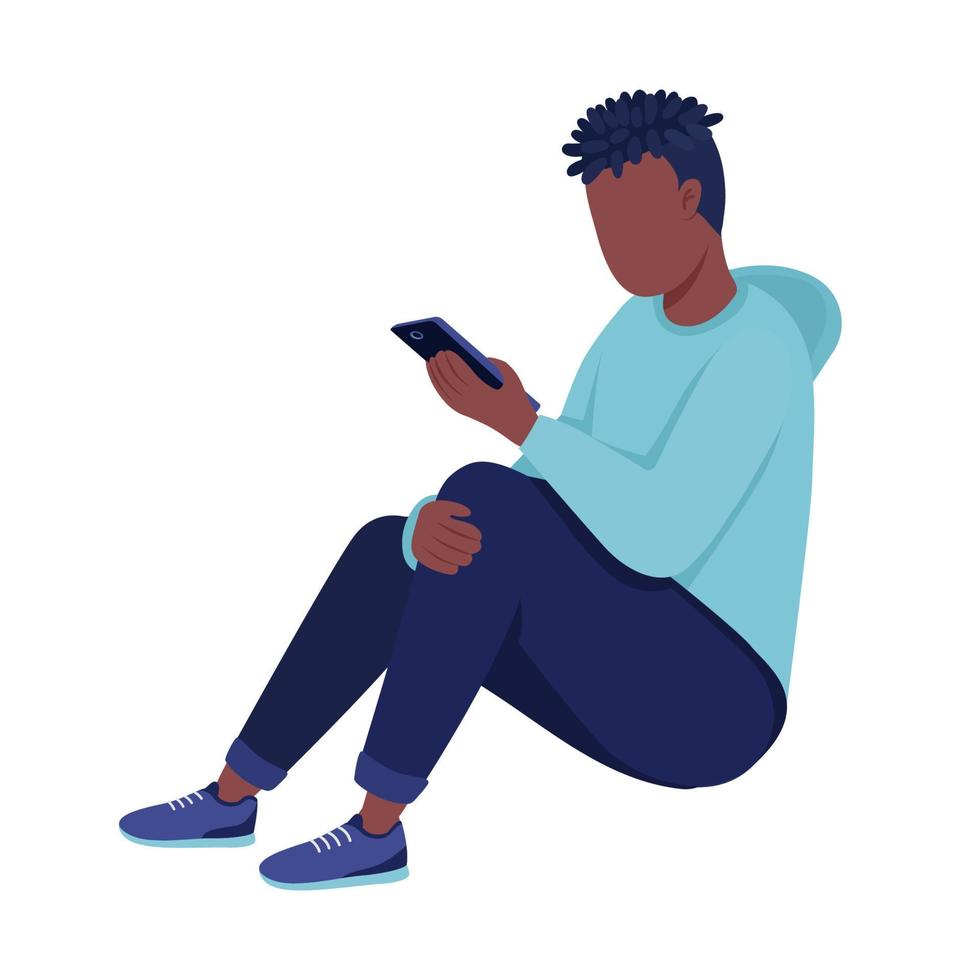 Young boy looking at phone semi flat color vector character