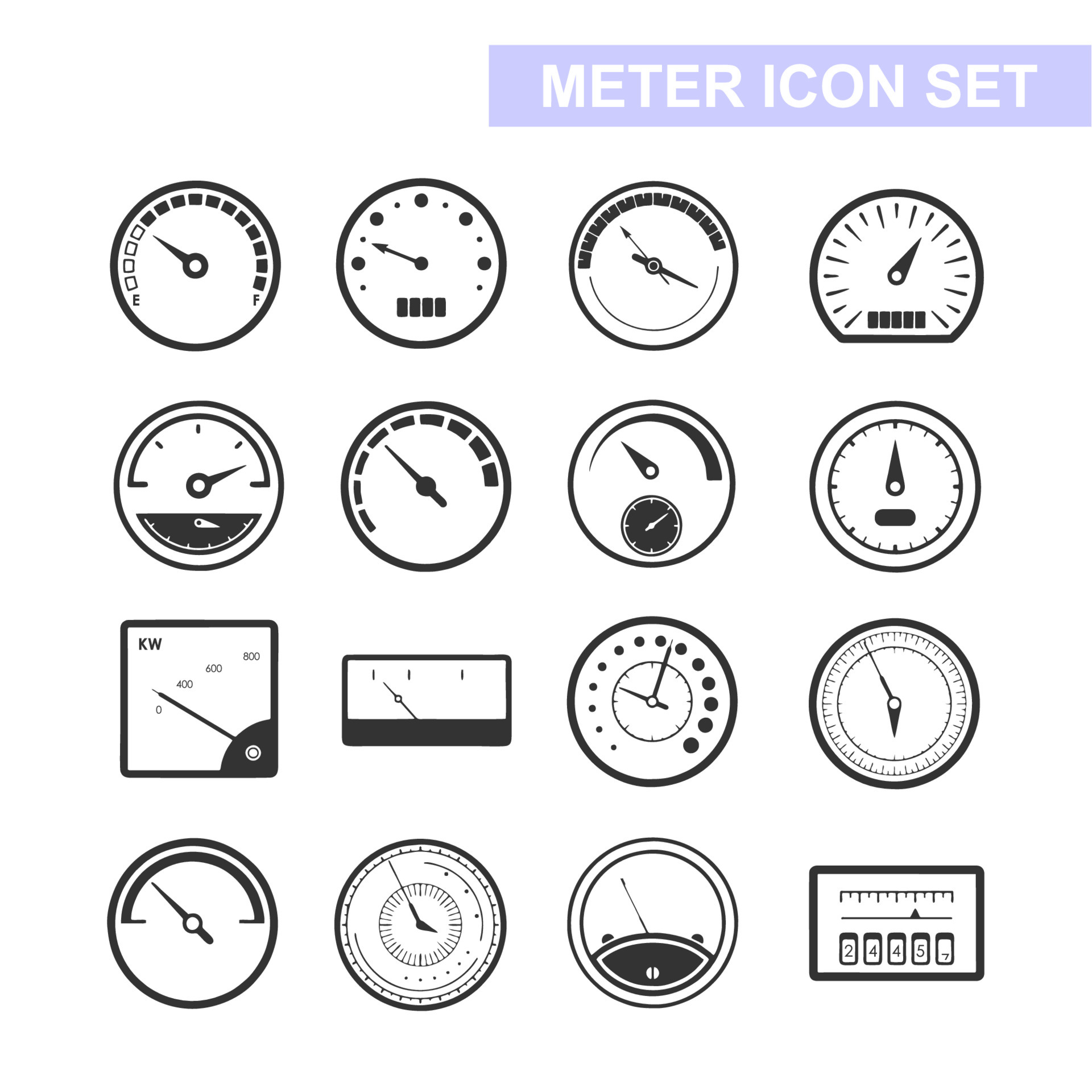 Meter icon set in thin line style. Symbols of speedometers, Smart meter