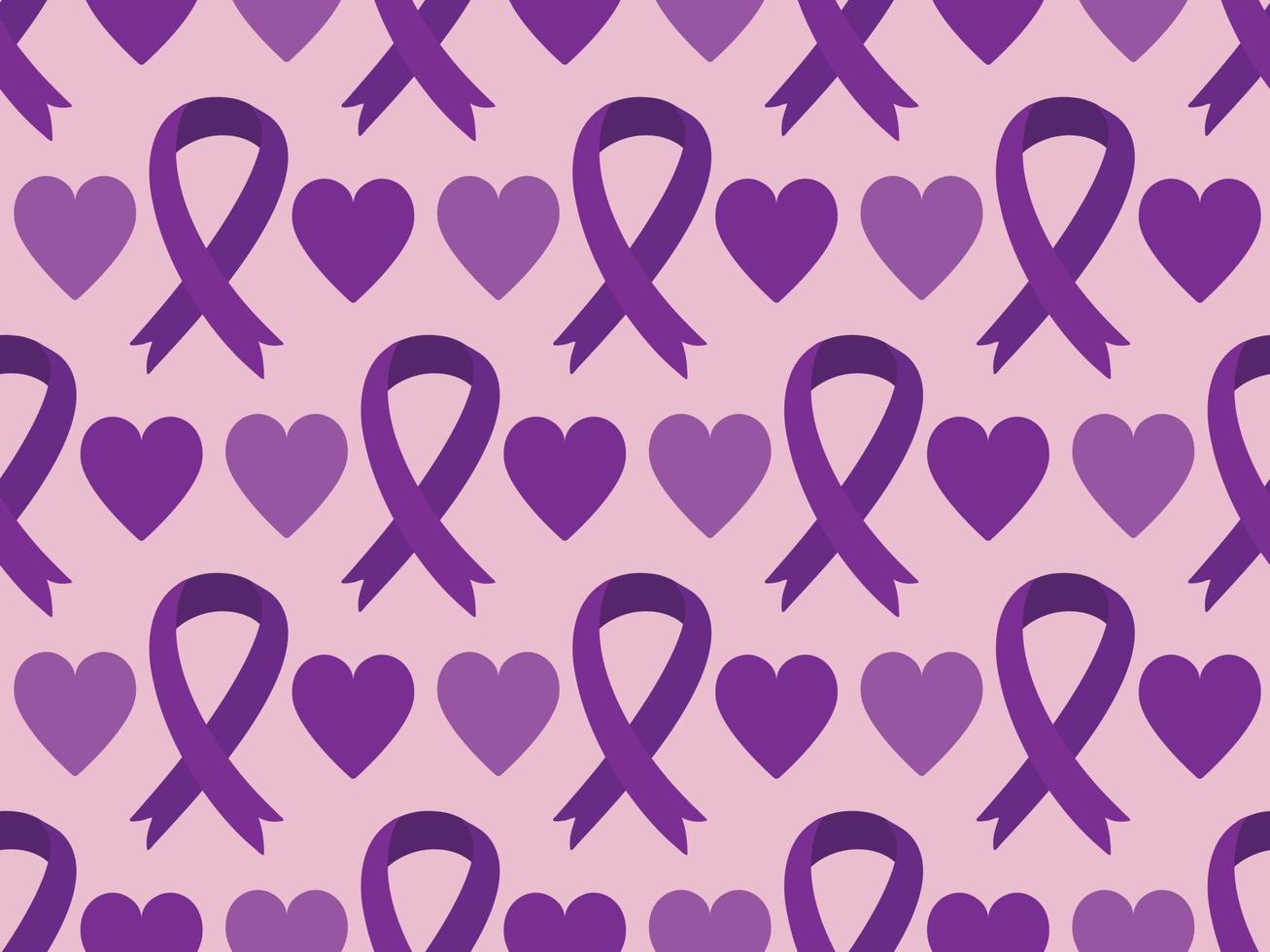 Purple ribbon seamless pattern background with hearts - emblem symbol for Dementia awareness month, Alzheimers disease. World Alzheimer Day medical healthcare concept backdrop vector