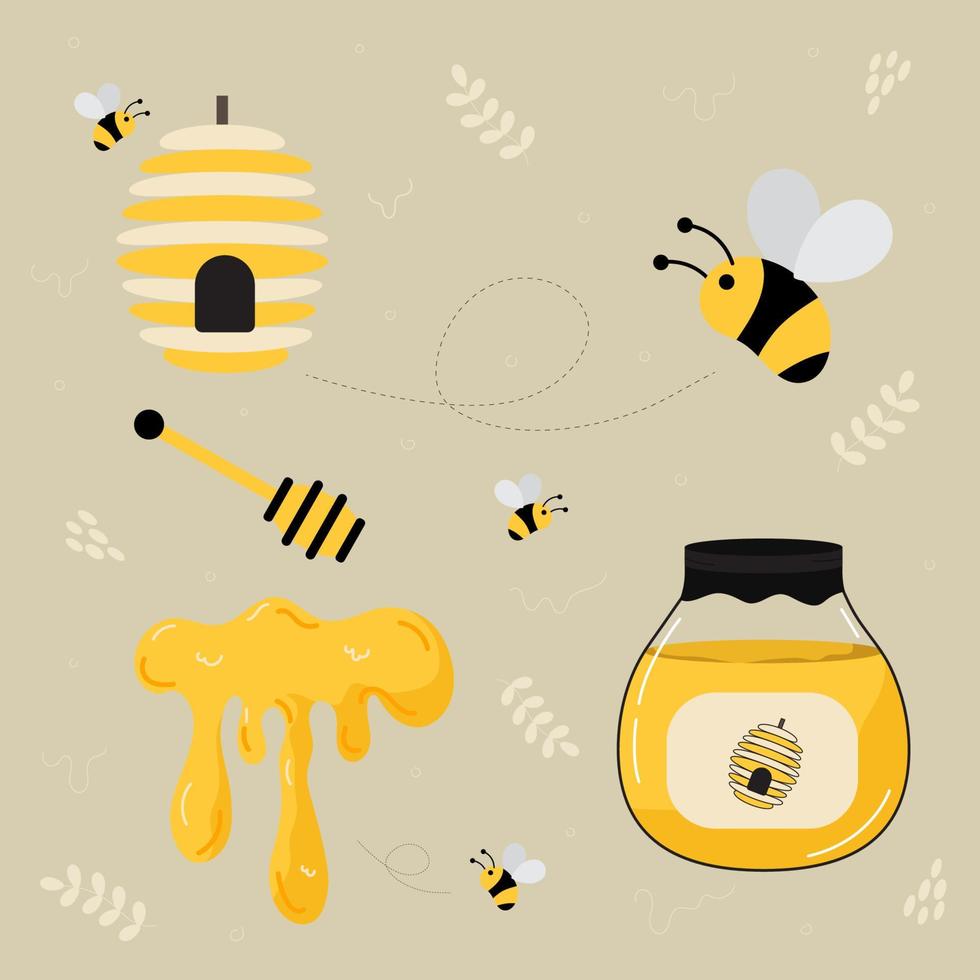 Ilustración conjunto de dibujos animados de abejas, panal, miel. fondo aislado, vector