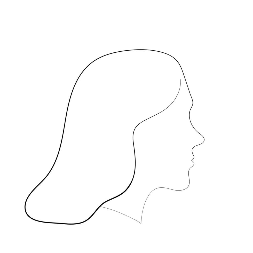 Minimalist silhouette profile of the female head on a white background. Black contour line, beautiful woman with long hair. Vector illustration