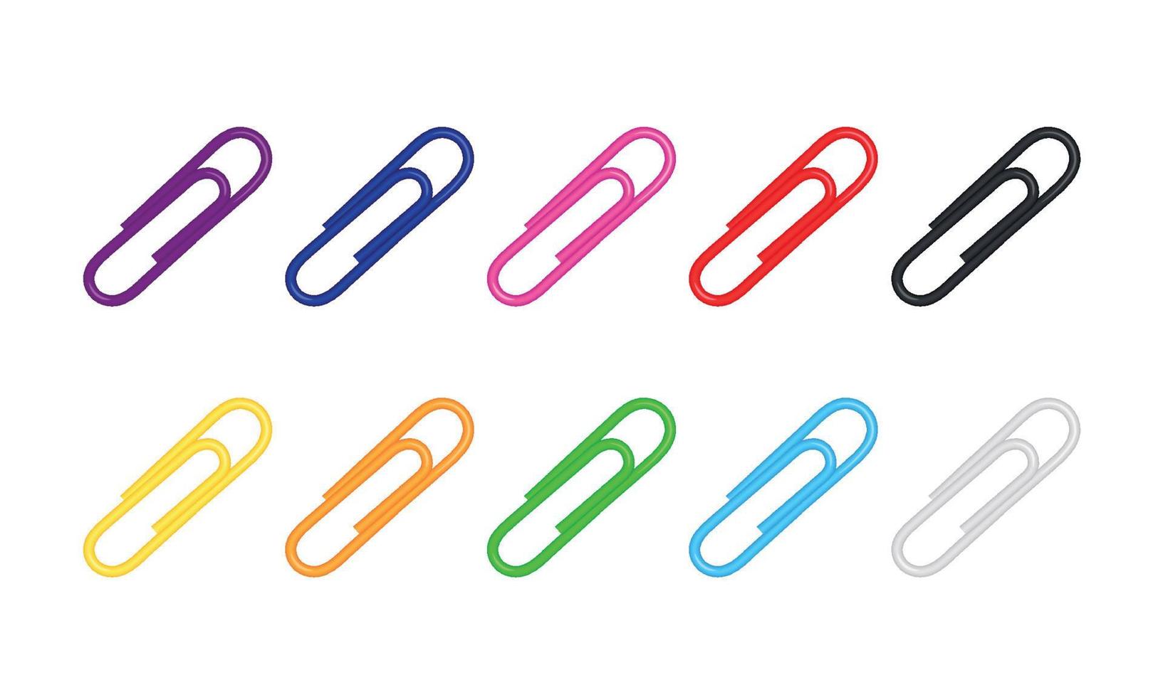 3d realistic vector set of metal paper clips. Purple, red, blue, black, white, green, yellow, orange, pink. Isolated on white background. Editable vector illutration